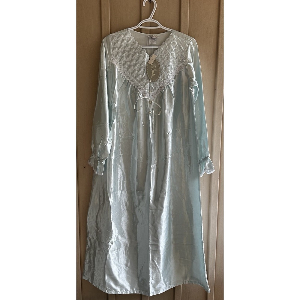 Character Women's Nightgown Small Blue Granny Silky Sleepwear Pearl Lace Satin